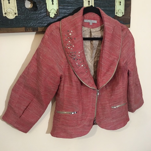 Emil Rutenberg Designer Linen Mix Rough Weave Red & Beige Stud Collar Jacket - Picture 6 of 16